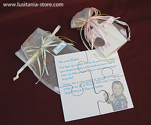Convites de Batizado Puzzle com Saquinho de Organza