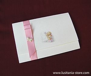 Convite de Batizado Ursinho com Laço Rosa e Borboletinha