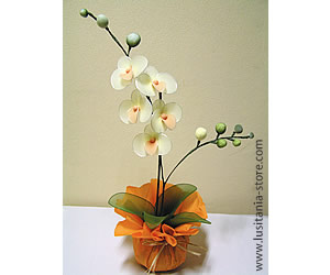 Vaso de Flor Orquídea Artificial em Meia de Seda (tons laranja)