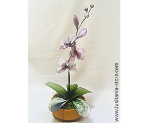 Vaso de Flor Orquídea Artificial em Meia de Seda (tons de roxo)