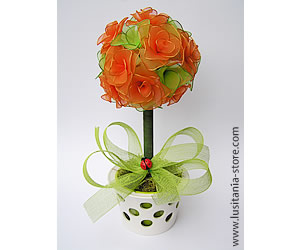 Vaso com Topiaria Artificial de Flores Rosas em Meia de Seda