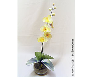 Vaso de Flor Orquídea Artificial em Meia de Seda (tons amarelo)