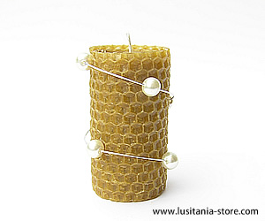 Vela de Cera Natural de Abelha Decorada com Pérolas